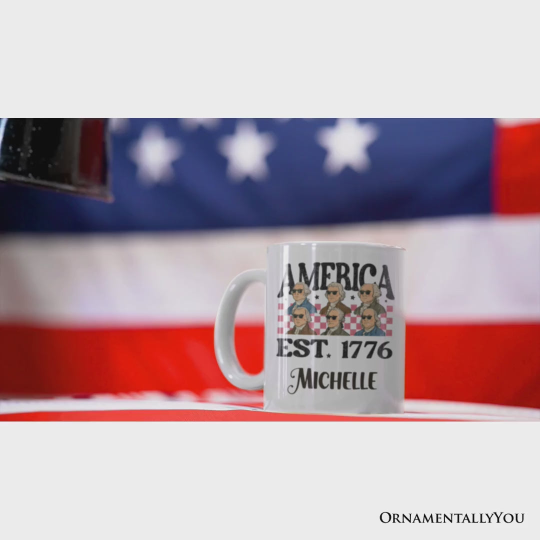 America Est 1776 Founding Fathers Vintage Personalized Mug, Retro Patriotic Gift with Custom Name