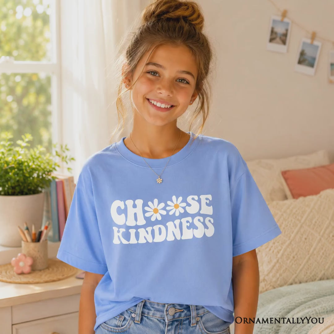 Choose Kindness Daisies Kids T-Shirt, Retro Groovy Positive Quote Tee for Youth