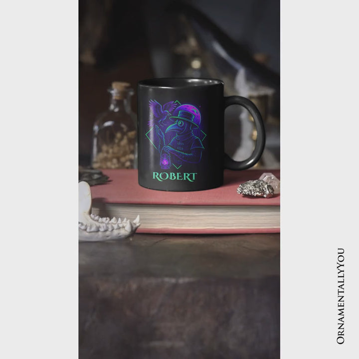 Vaporwave Plague Doctor Personalized Mug, Retro Neon Horror Vibes Halloween Gift with Custom Name