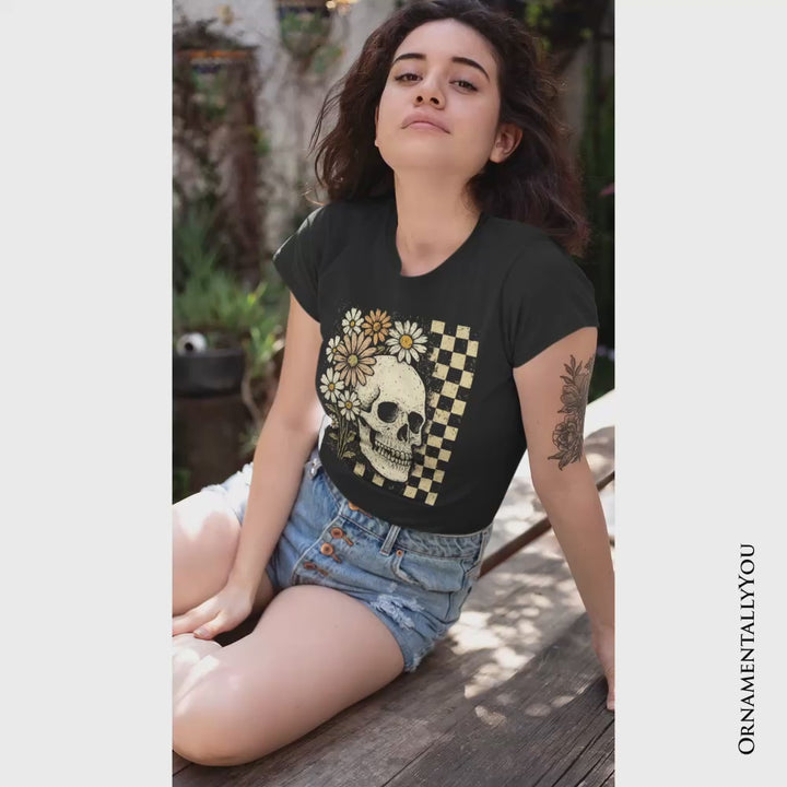 Checkered Floral Skeleton T-Shirt, Vintage Skull Daisy Halloween Tee