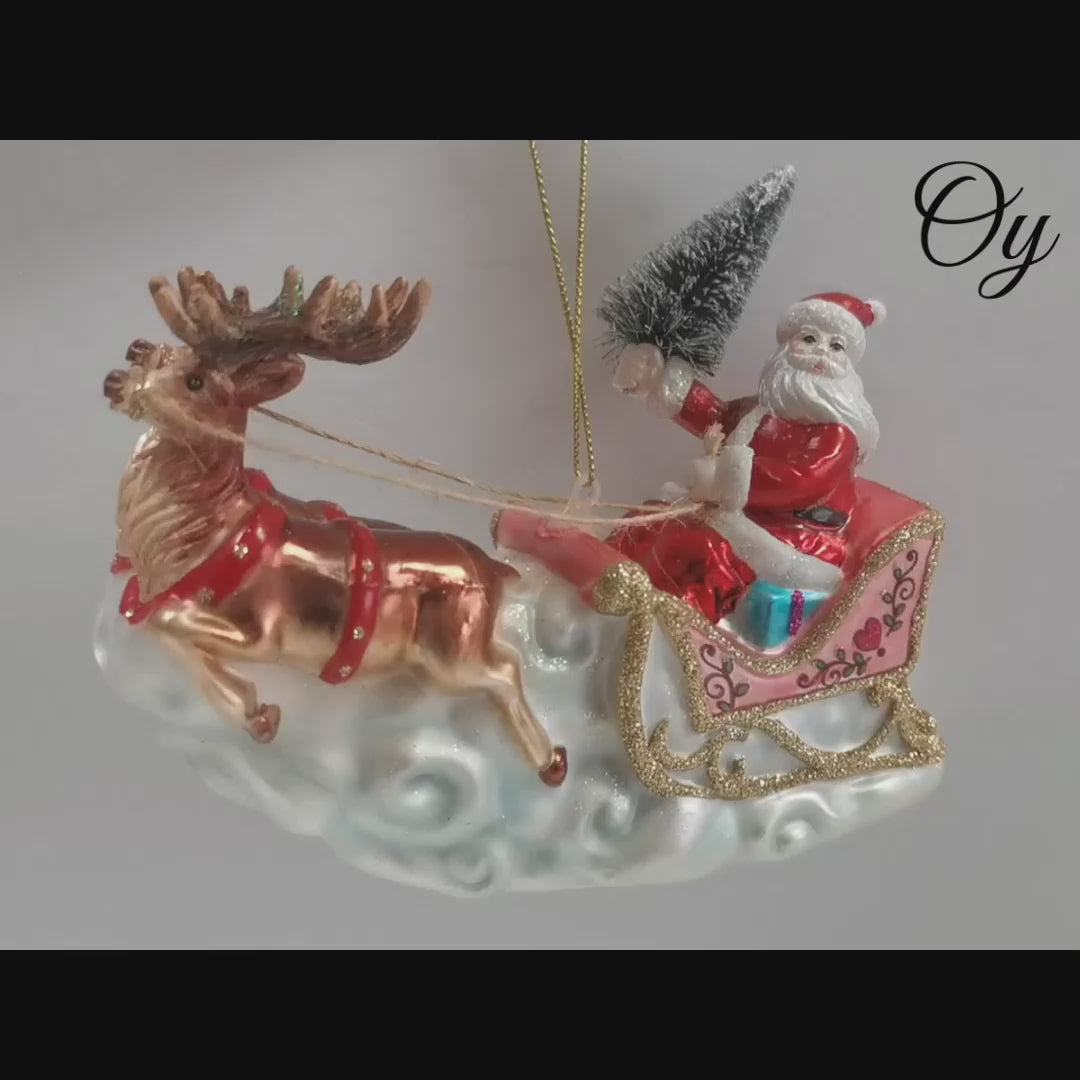 Santa Sleigh and Reindeer Elegant Christmas Ornament, Holiday Blown Glass Figurine