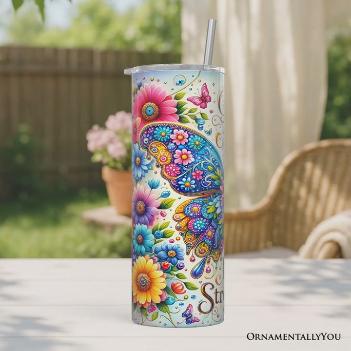 Christian Butterfly Floral 20oz Personalized Tumbler With Lid and Stainless Steel Straw, God Is My Strength Gift Cup