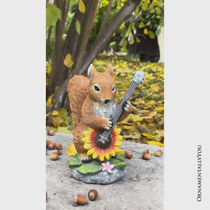 Melody of the Meadow Squirrel Garden Statue, 8" Sunflower Banjo Outdoor Decor