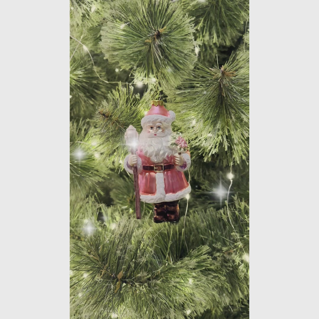 (Pre-Order) Pink Santa with Sceptor and Flowers Glass Christmas Ornament, Retro Tree Decor