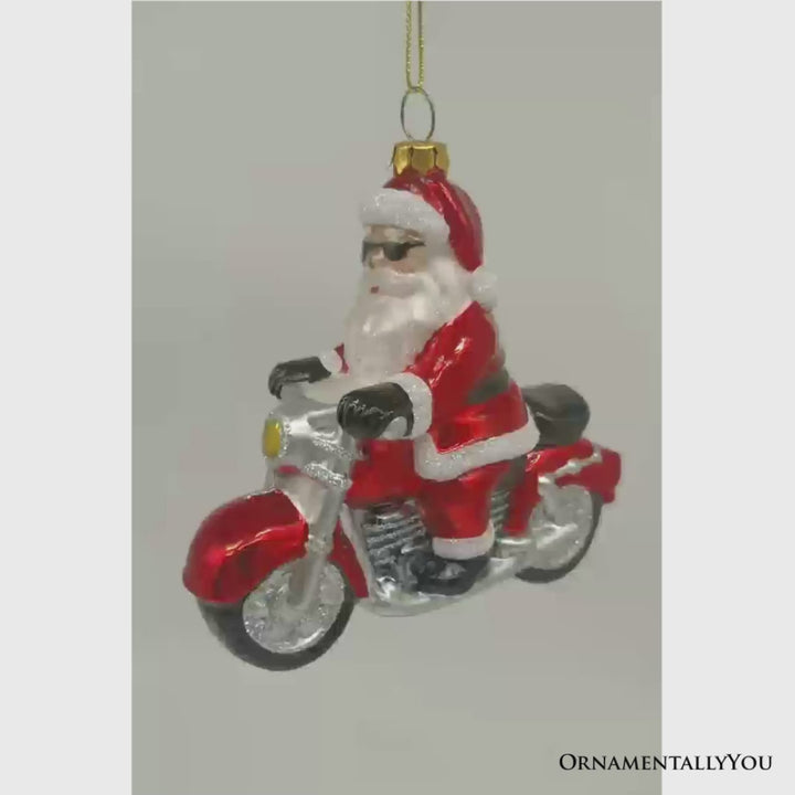 (Pre-Order) Motorcycle Santa Cruising Glass Christmas Ornament, Biker Gift