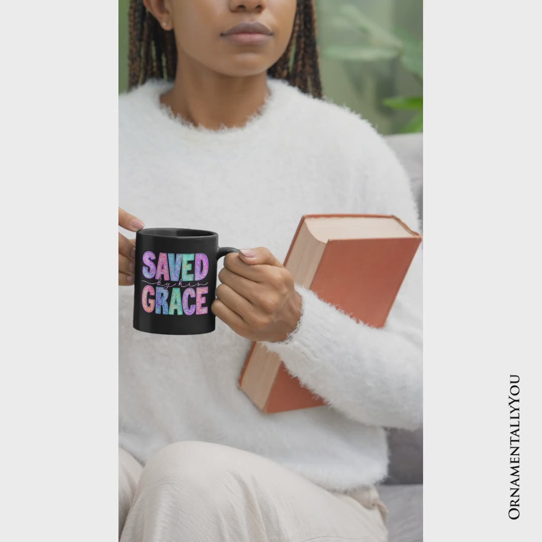 Saved By His Grace Printed Faux Sequin Christian Mug, Religious Love Gift