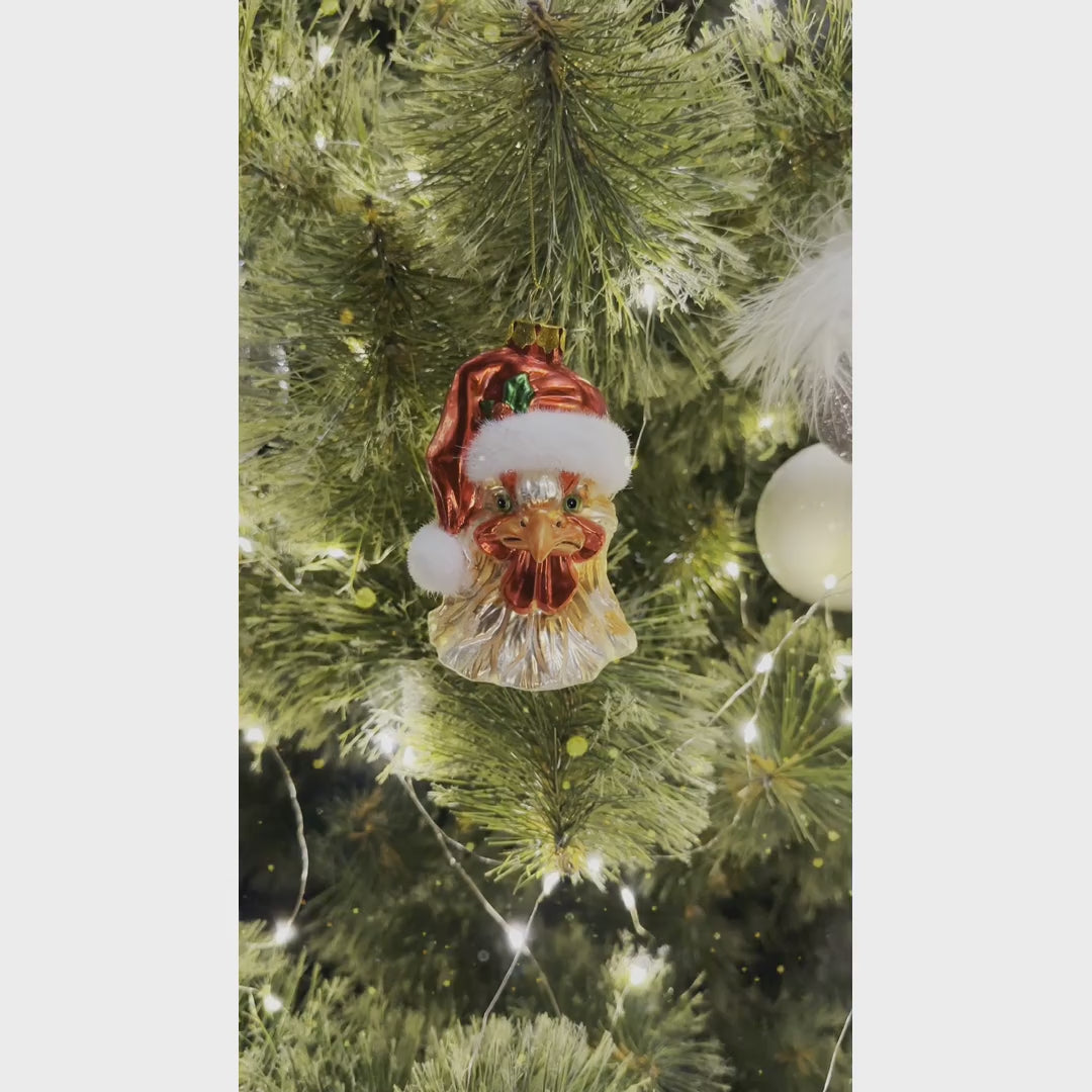 Rooster with Santa Hat Handblown Glass Christmas Ornament, Farm Chicken Holiday Decor