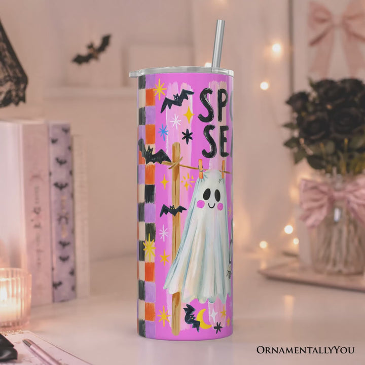 Spooky Season Ghost Skeleton Cat 20oz Personalized Tumbler With Lid and Stainless Steel Straw, Colorful Stripe Halloween Costume Gift Cup