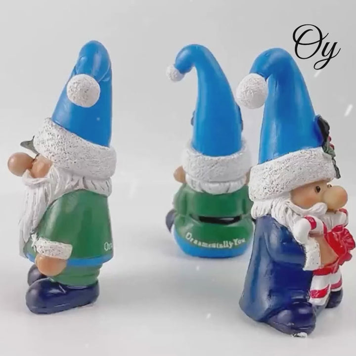 Sky Blue Hat Festive Holiday Gnome Set of Three Miniature Christmas Tabletop Figurine Statues