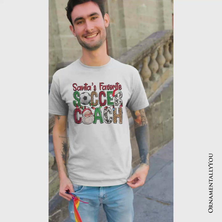 Santa’s Favorite Soccer Coach Plaid Christmas T-Shirt, Sports Team Holiday Tee