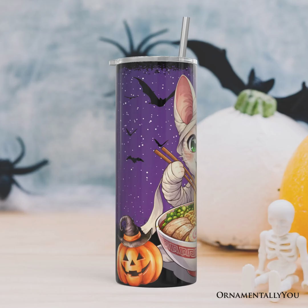 Kawaii Halloween Ramen Sphynx Cat 20oz Personalized Tumbler With Lid and Stainless Steel Straw, Japanese Anime Gift Cup