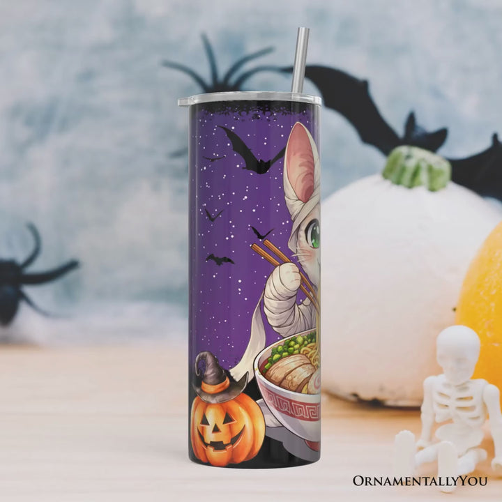 Kawaii Halloween Ramen Sphynx Cat 20oz Personalized Tumbler With Lid and Stainless Steel Straw, Japanese Anime Gift Cup