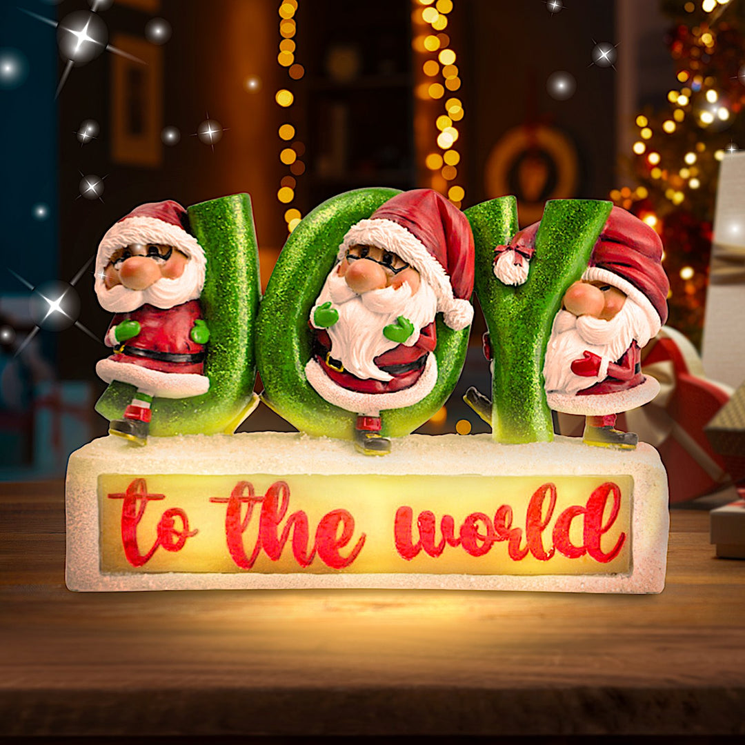 Joy to the World with Holiday Gnomes Lighted Statue, Tabletop LED Christmas Decor Resin Statues OrnamentallyYou 