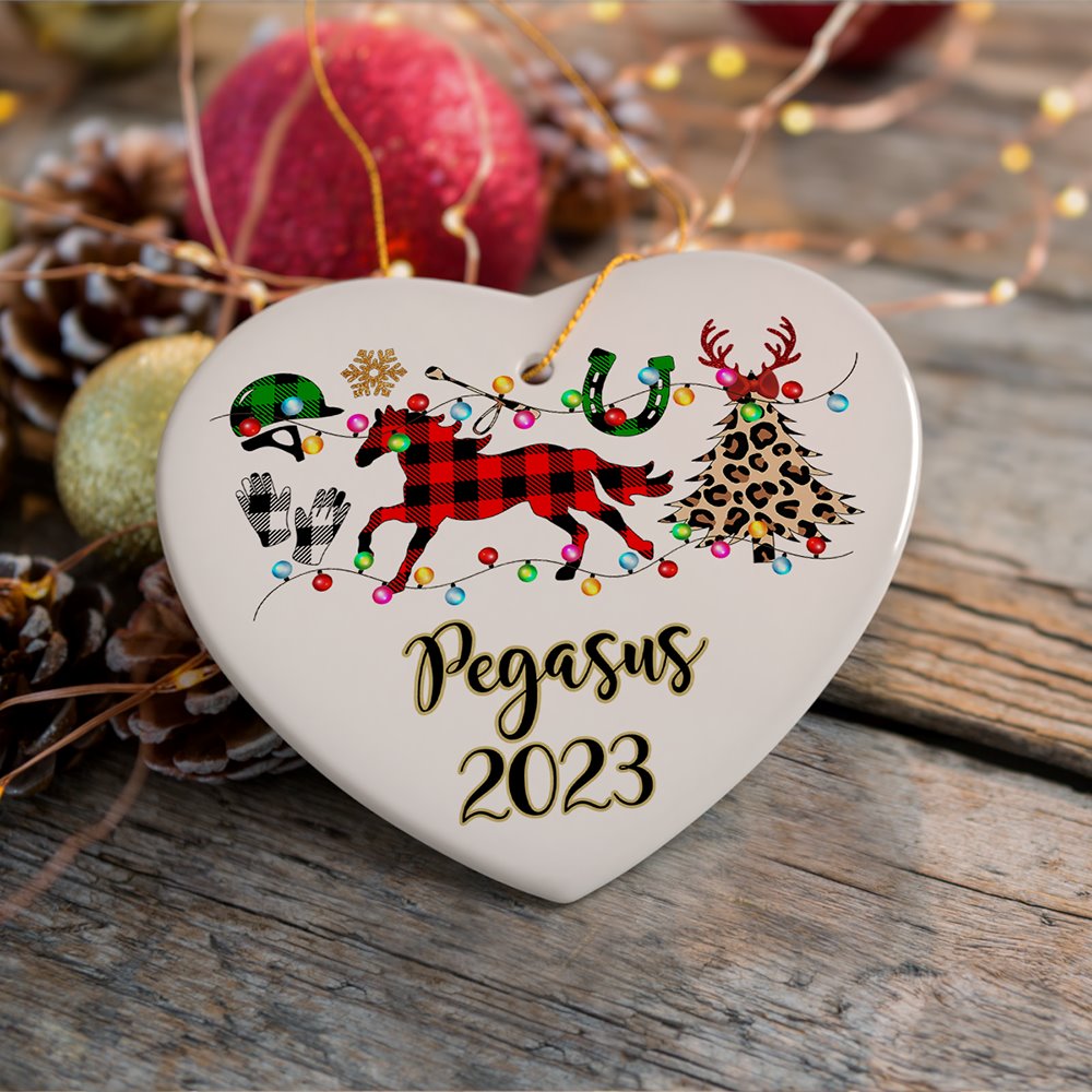 Personalized Horse Buffalo Plaid Leopard Merry Christmas Ornament, Equestrian Gift Ceramic Ornament OrnamentallyYou 