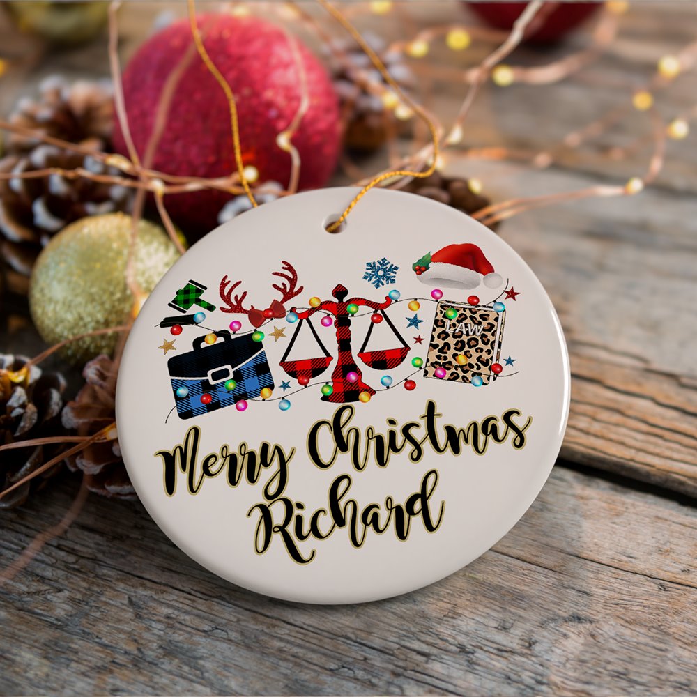 Personalized Law and Legal Theme Buffalo Plaid Christmas Ornament, Lawyer and Paralegal Clerk Gift Ceramic Ornament OrnamentallyYou 