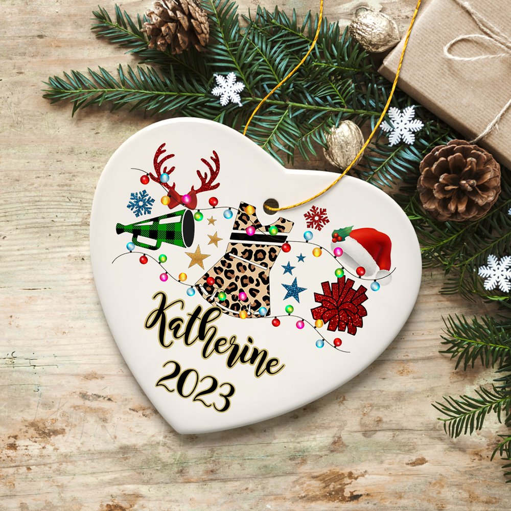 Personalized Cheerleader Buffalo Plaid Leopard Merry Christmas Ornament, Cheer Mom Gift Ceramic Ornament OrnamentallyYou 