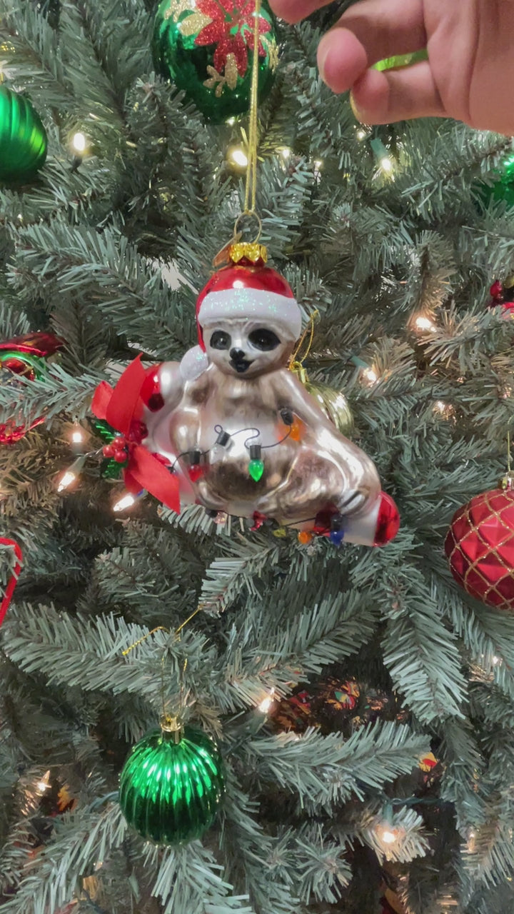 Sloth and Candy Cane Glass Christmas Ornament