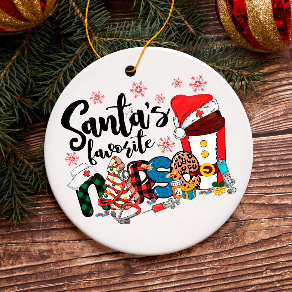 Cheerful Holiday Plaid Santa’s Favorite Nurse Christmas Ornament Ceramic Ornament OrnamentallyYou 