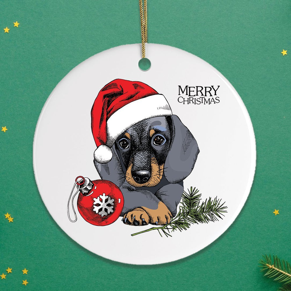 Dachshund Christmas Ornament, Cute Dog with Santa Hat OrnamentallyYou Circle 