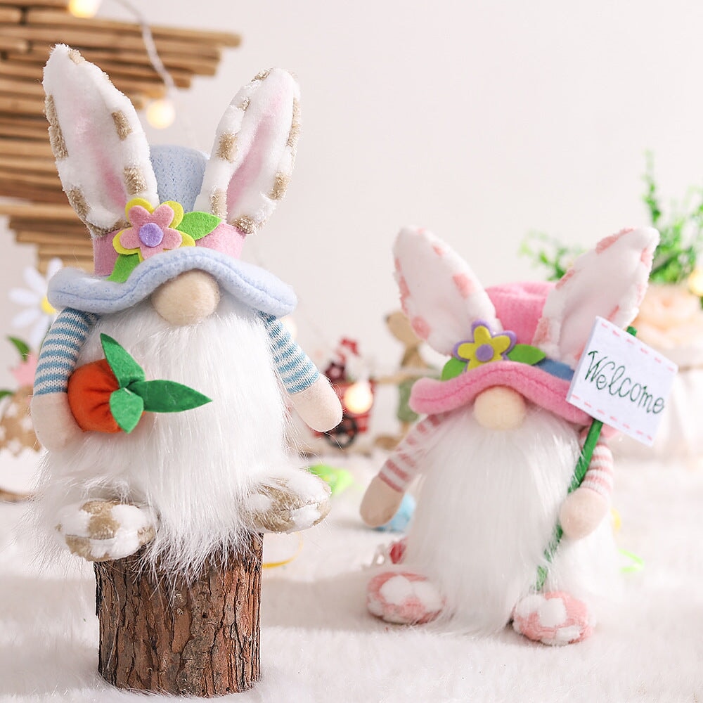 Easter Bunny Ears Plush Gnomes, Light Blue and Pink Plush Gnome OrnamentallyYou 