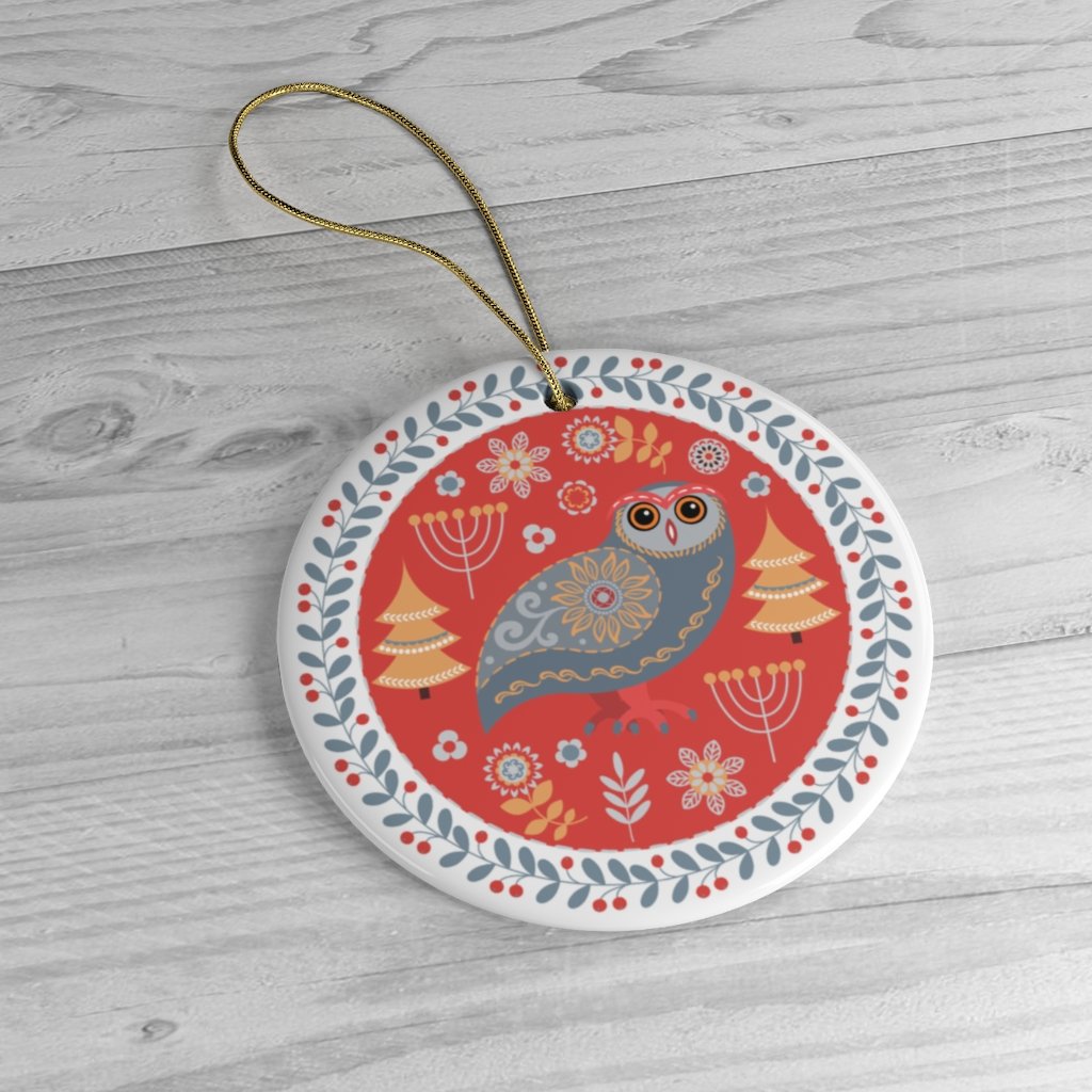 Ethnic Folk Owl Christmas Ornament, Scandinavian Vintage Theme OrnamentallyYou Circle 