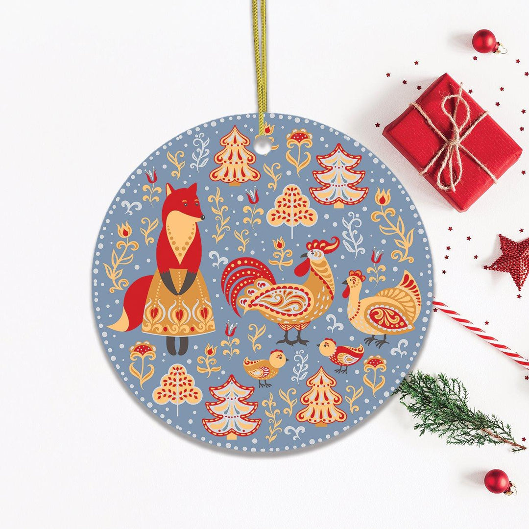 Ethnic Fox Maid and Rooster Nature Ornament, Christmas Forest Scandinavian Theme Ornament OrnamentallyYou Circle 