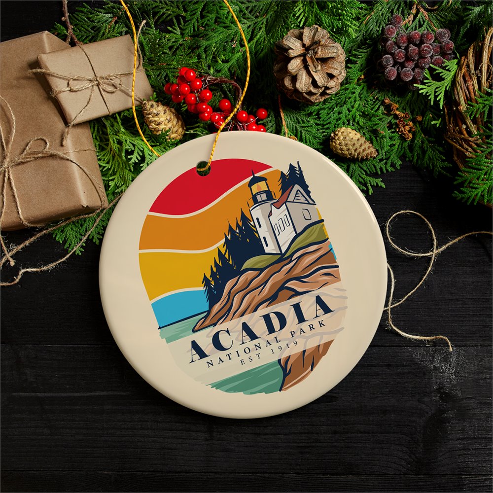 Acadia National Park Retro Style Ornament, Maine USA Tourist Attraction and Gift Ceramic Ornament OrnamentallyYou 