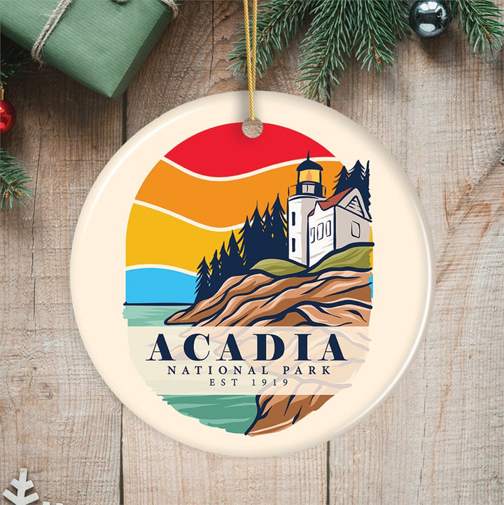 Acadia National Park Retro Style Ornament, Maine USA Tourist Attraction and Gift Ceramic Ornament OrnamentallyYou Circle 