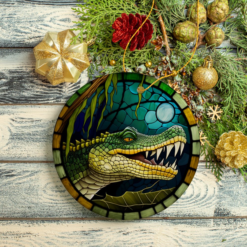 Artistic Wetlands Alligator Ceramic Ornament, Stained Glass Theme Nature Art of Swamp Animal Ceramic Ornament OrnamentallyYou 