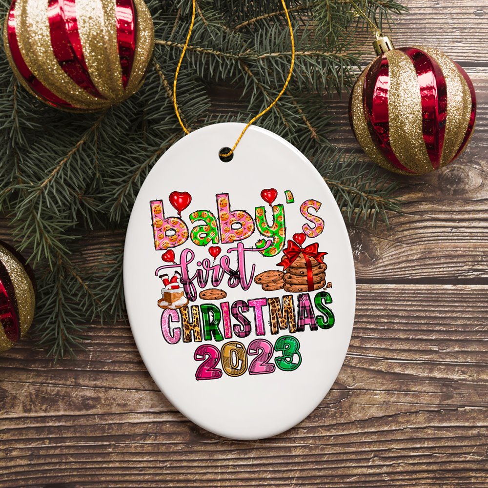 Baby’s First Christmas Festive Holiday Themed Ornament with Cookies and Plaid Ceramic Ornament OrnamentallyYou 