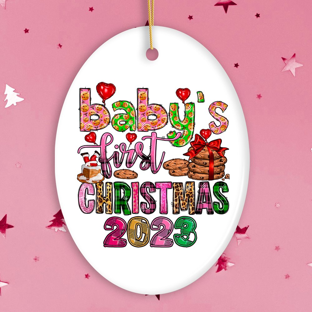 Baby’s First Christmas Festive Holiday Themed Ornament with Cookies and Plaid Ceramic Ornament OrnamentallyYou Oval 