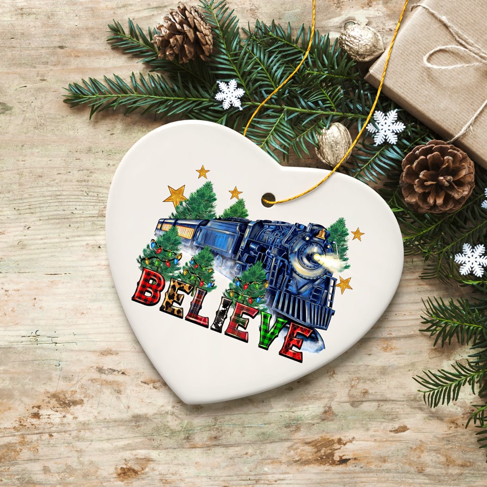 Believe Christmas Train Polar Express Charming Holiday Ornament, Classic Plaid Railroad Ceramic Ornament OrnamentallyYou 