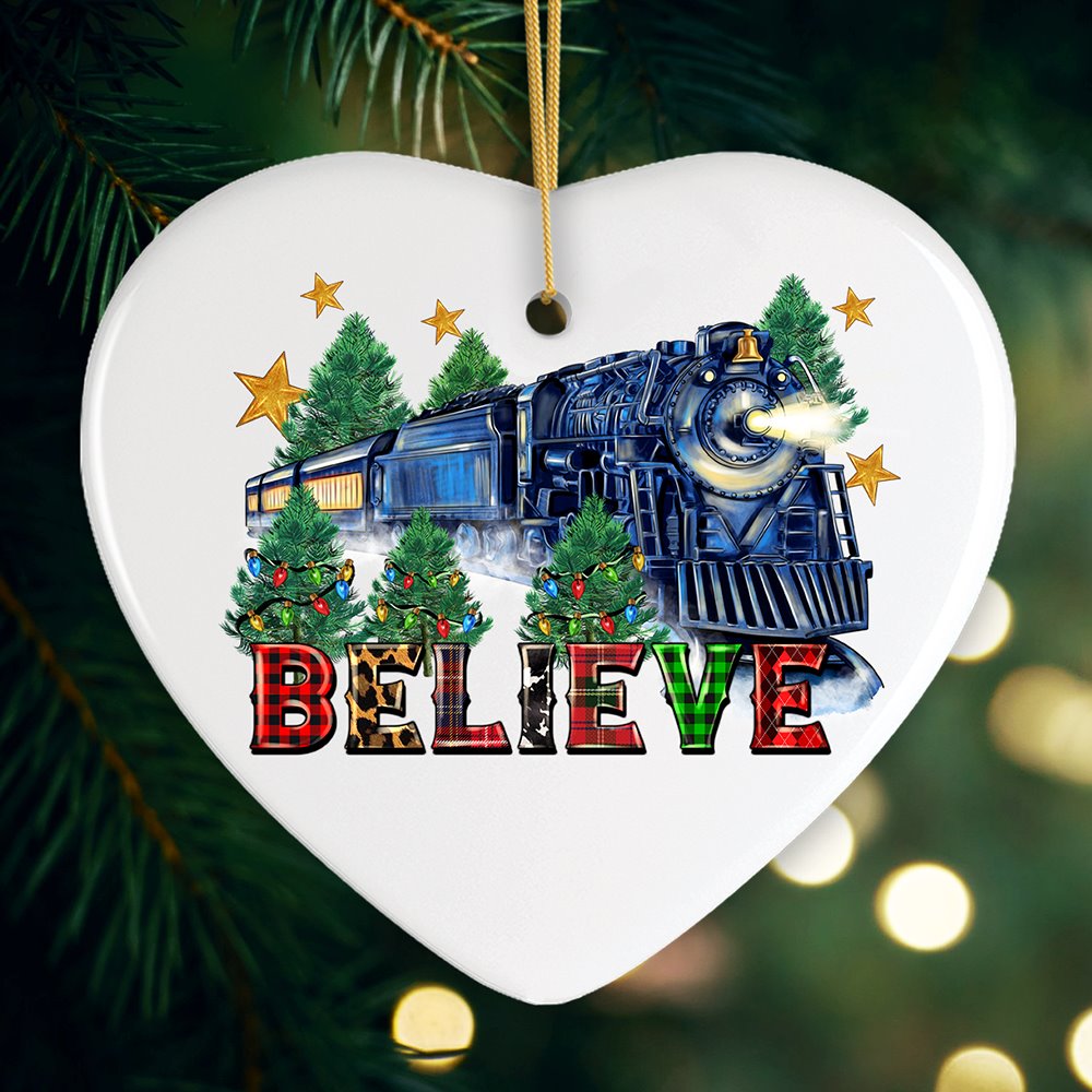 Believe Christmas Train Polar Express Charming Holiday Ornament, Classic Plaid Railroad Ceramic Ornament OrnamentallyYou Heart 
