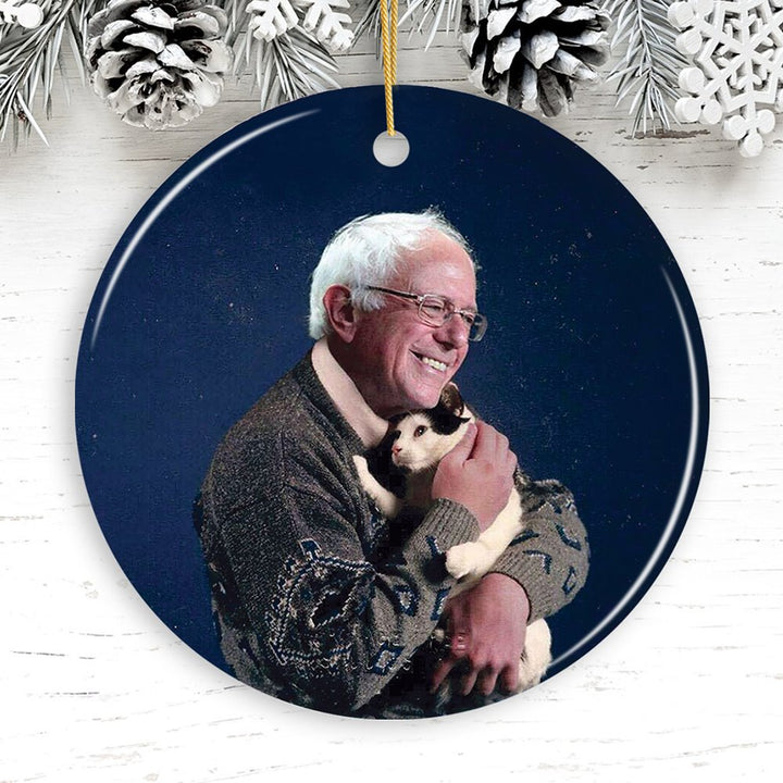 Bernie Sanders Ornament, Christmas Decoration Bernie Holding Cat Ceramic Ornament OrnamentallyYou Circle 