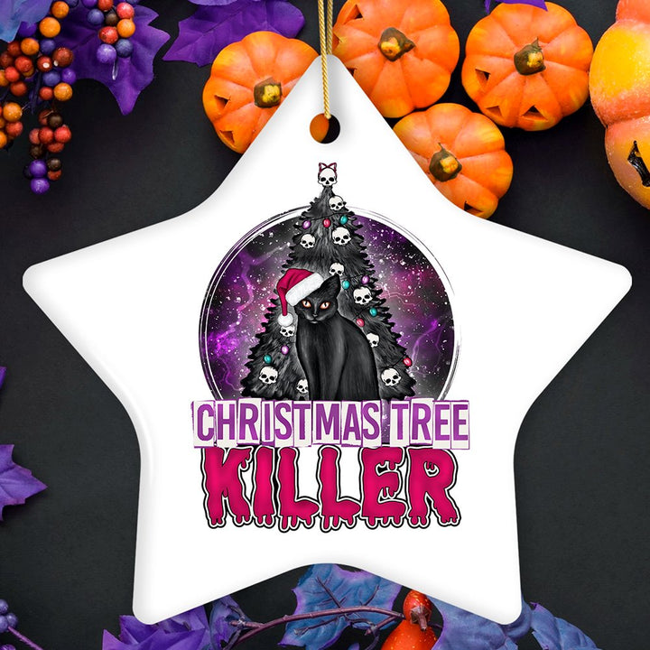 Black Cat Christmas Tree Killer Funny Emo Ornament, Spooky and Creepy Holiday Decor Ceramic Ornament OrnamentallyYou Star 
