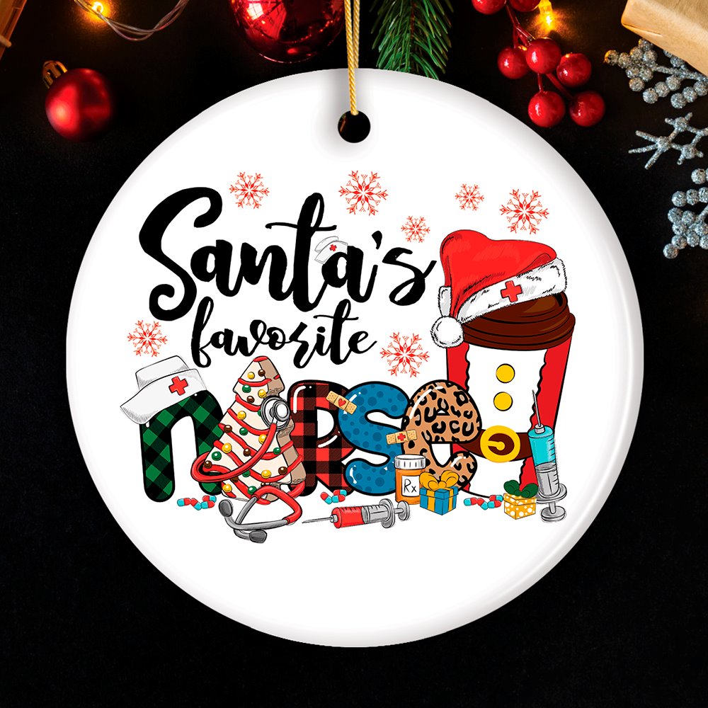 Cheerful Holiday Plaid Santa’s Favorite Nurse Christmas Ornament Ceramic Ornament OrnamentallyYou Circle 
