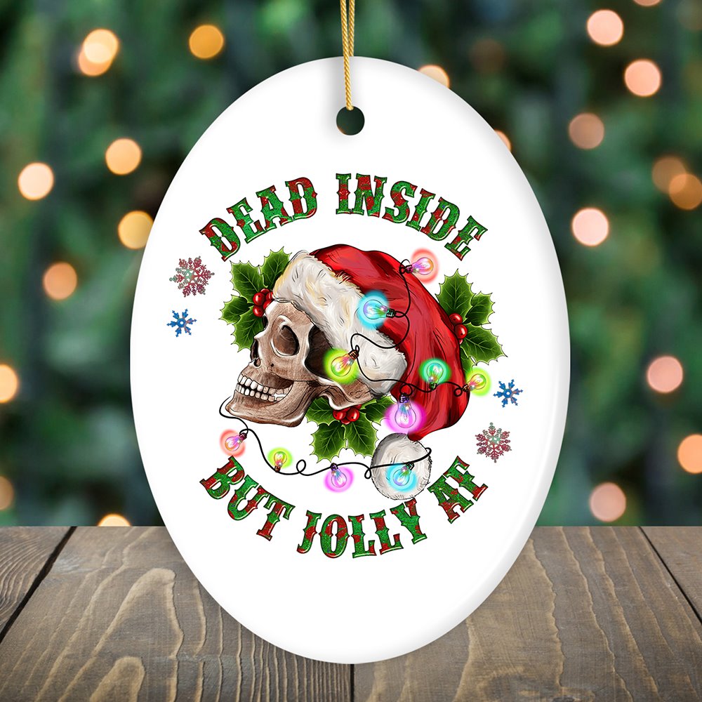 Cheerfully Grim Festive Emo Skeleton Funny Christmas Ornament, Dead Inside but Jolly AF Ceramic Ornament OrnamentallyYou Oval 