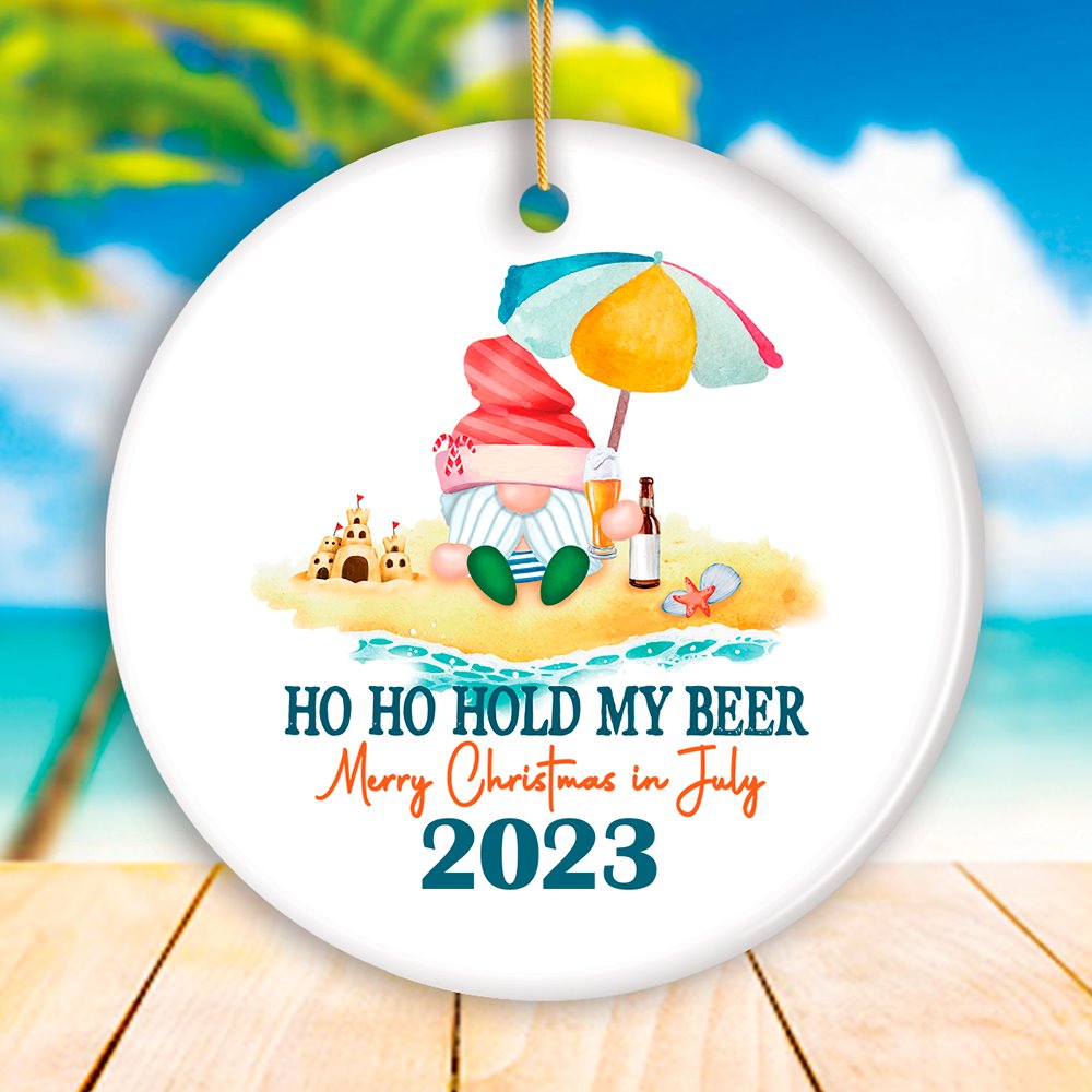Christmas in July Hold my Beer Tropical Gnome Ornament, Summer Xmas Decor. Ceramic Ornament OrnamentallyYou Circle 