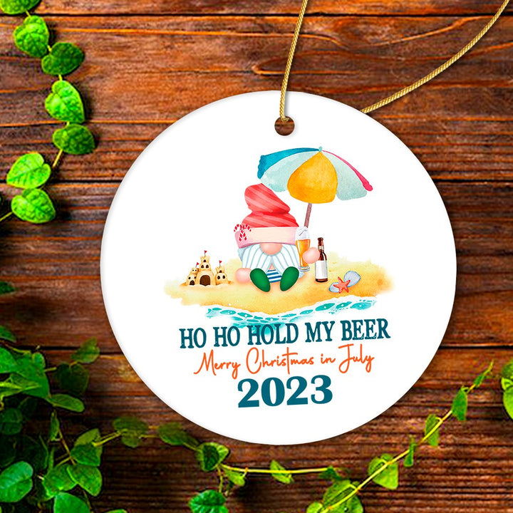 Christmas in July Hold my Beer Tropical Gnome Ornament, Summer Xmas Decor. Ceramic Ornament OrnamentallyYou 