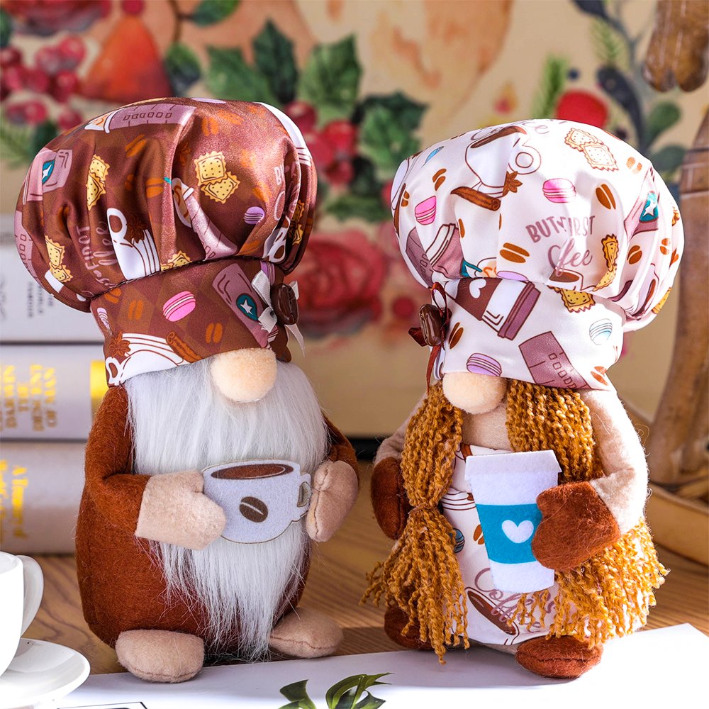 Cozy Artisanal Cafe Coffee Drinking Gnomes Set of Two, Rustic Bistro Decor Gift Plush Gnome OrnamentallyYou 