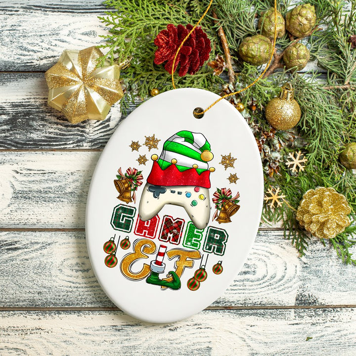 Cute Festive Gamer Elf with Plaids Christmas Ornament Ceramic Ornament OrnamentallyYou 