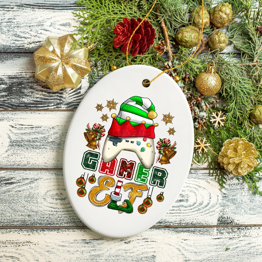 Cute Festive Gamer Elf with Plaids Christmas Ornament Ceramic Ornament OrnamentallyYou 