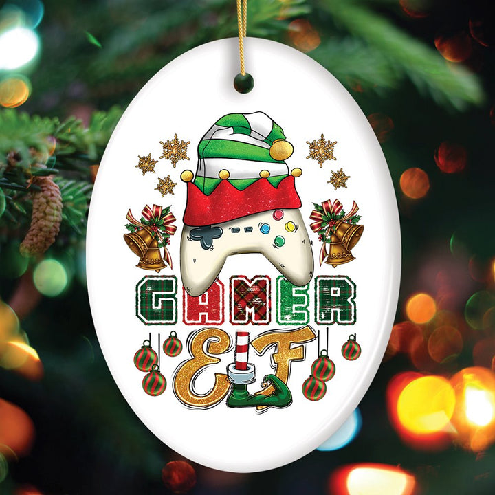 Cute Festive Gamer Elf with Plaids Christmas Ornament Ceramic Ornament OrnamentallyYou Oval 