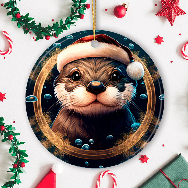 Cute Otter with Santa Hat Coastal Christmas Ornament Ceramic Ornament OrnamentallyYou 