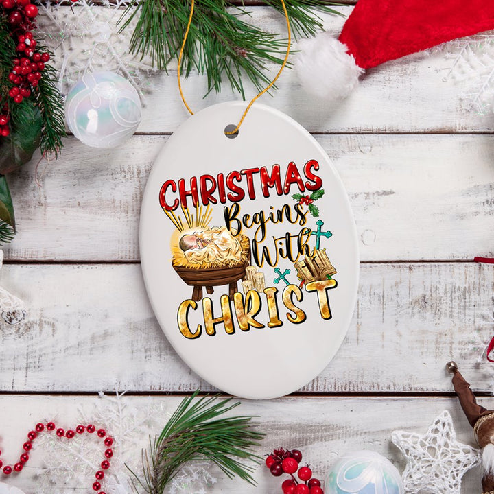 Dazzling Christmas Begins with Christ Ornament, Ceramic Christian Holiday Art Ceramic Ornament OrnamentallyYou 