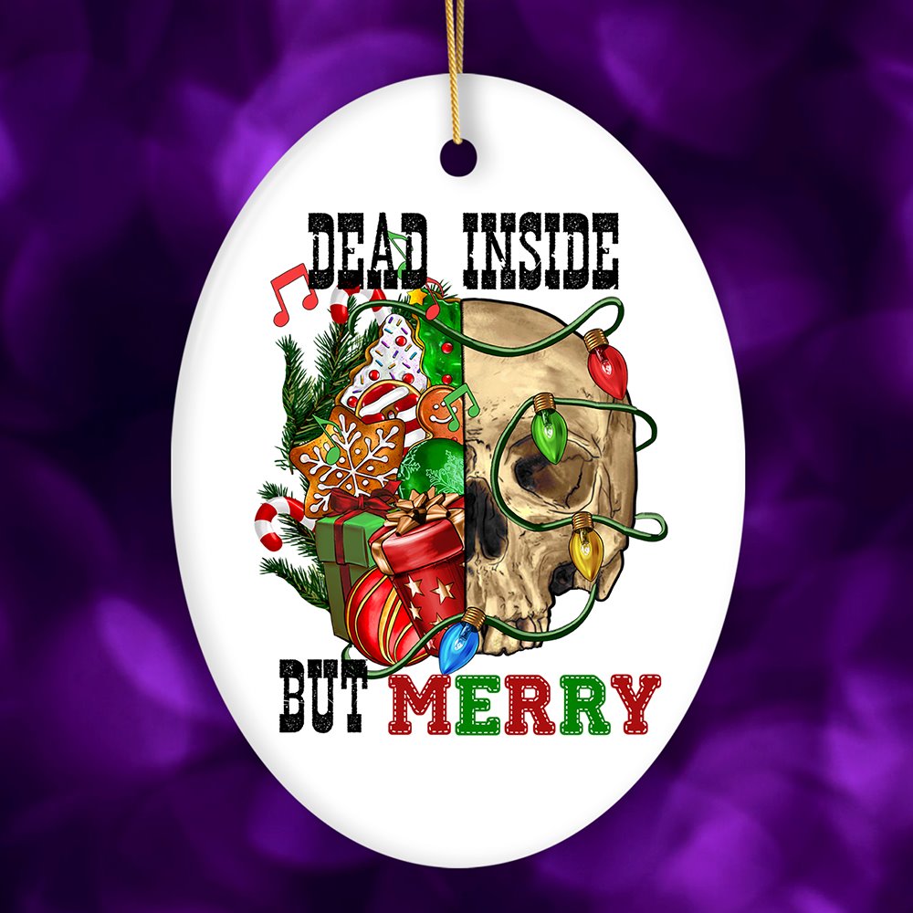 Dead Inside but Merry Ornament, Christmas Skull Ceramic Ornament OrnamentallyYou Oval 