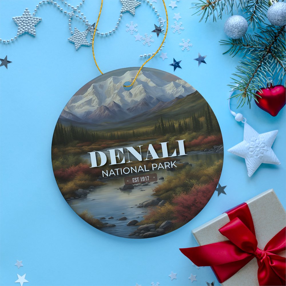 Denali National Park Retro Style Ornament, Alaska USA Tourist Attraction and Gift Ceramic Ornament OrnamentallyYou 