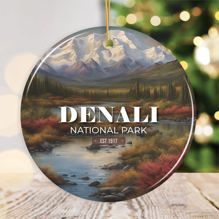 Denali National Park Retro Style Ornament, Alaska USA Tourist Attraction and Gift Ceramic Ornament OrnamentallyYou Circle 