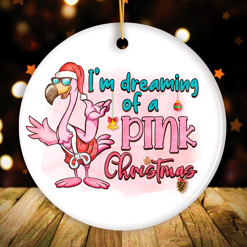 Dreaming of a Pink Christmas Flamingo Ornament, Vacation Theme Ceramic Ornament OrnamentallyYou Circle 