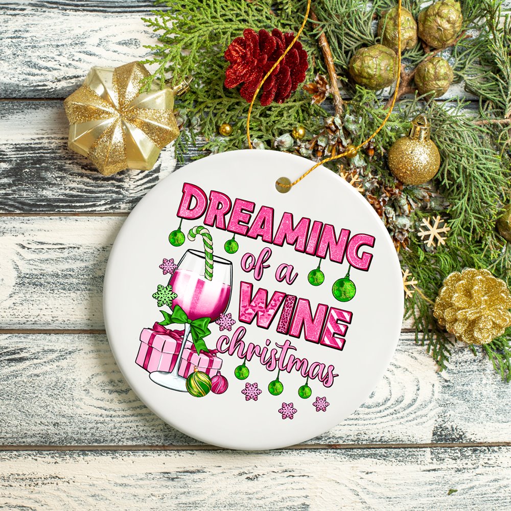 Dreaming of a Wine Christmas Ornament, Pink Ceramic Tree Decoration Ceramic Ornament OrnamentallyYou 
